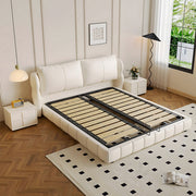 Queen Size Modern Bed with Ultra-Fiber Leather Steel-Wood Slatted Frame and Sleek Minimalist Design